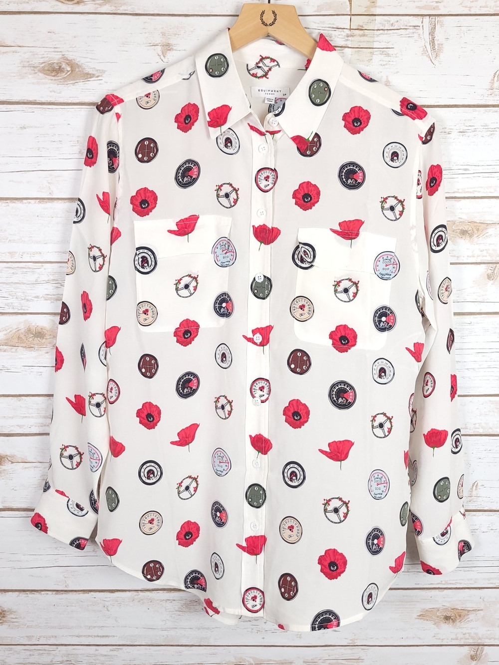 Equipment Button Down Blouse Small White Silk Poppy Floral Retro Gauge Print